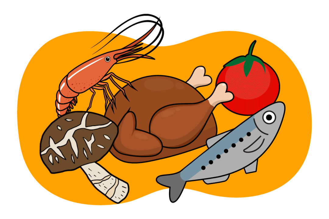 Chicken, beef, fish, shellfish, tomatoes, mushrooms, seaweeds